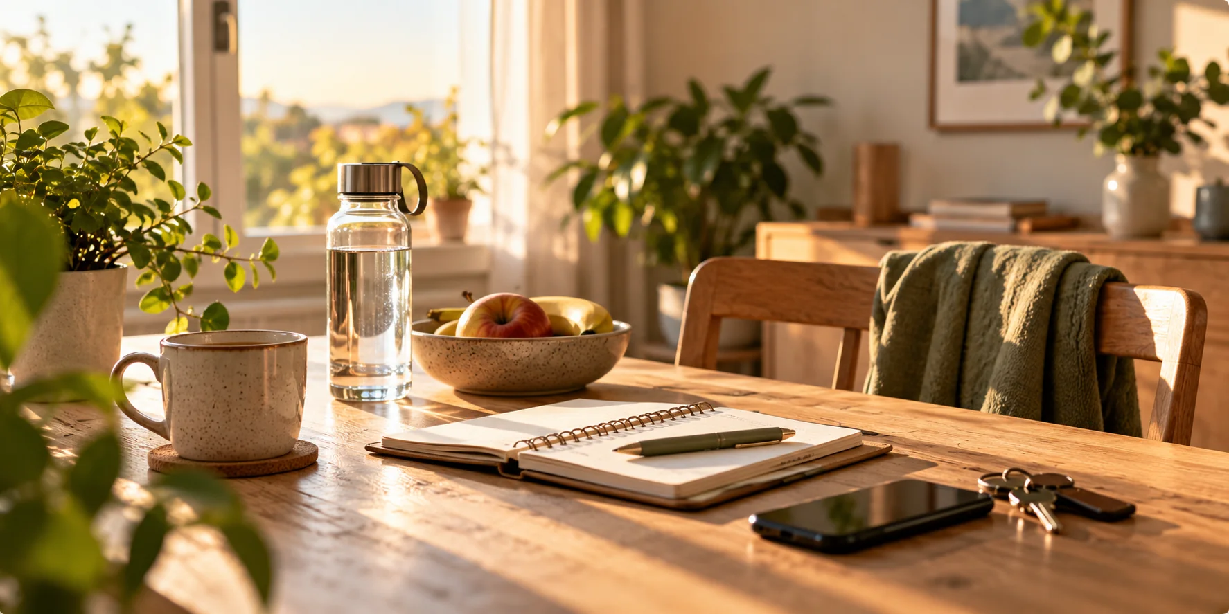 Mesa doméstica iluminada por luz natural con una libreta, botella de agua, fruta y objetos cotidianos preparados para el día.