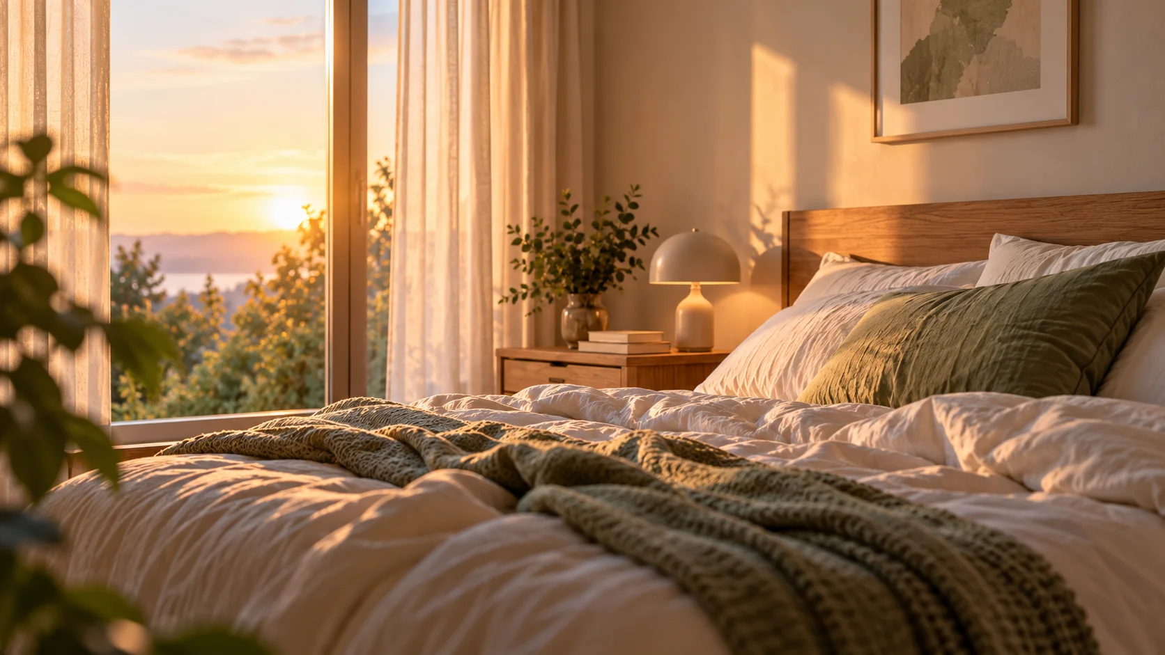 Dormitorio tranquilo al amanecer con la cama ligeramente deshecha y luz natural suave.