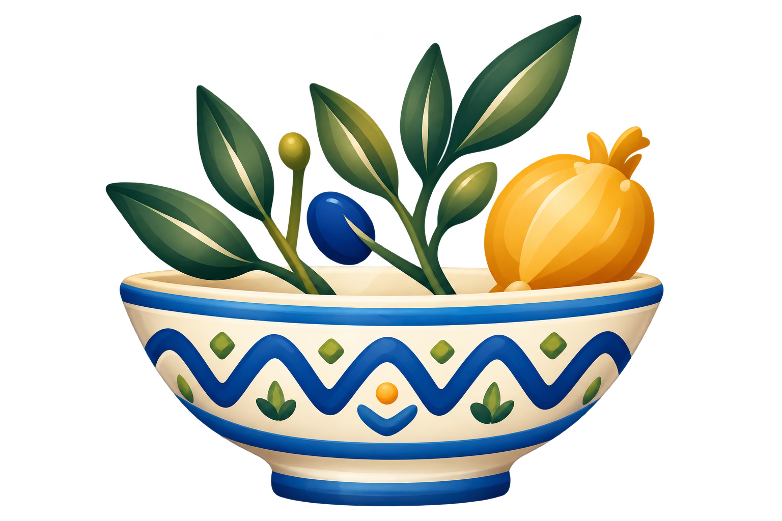 Cuenco mediterráneo con aceitunas y alimentos vegetales.