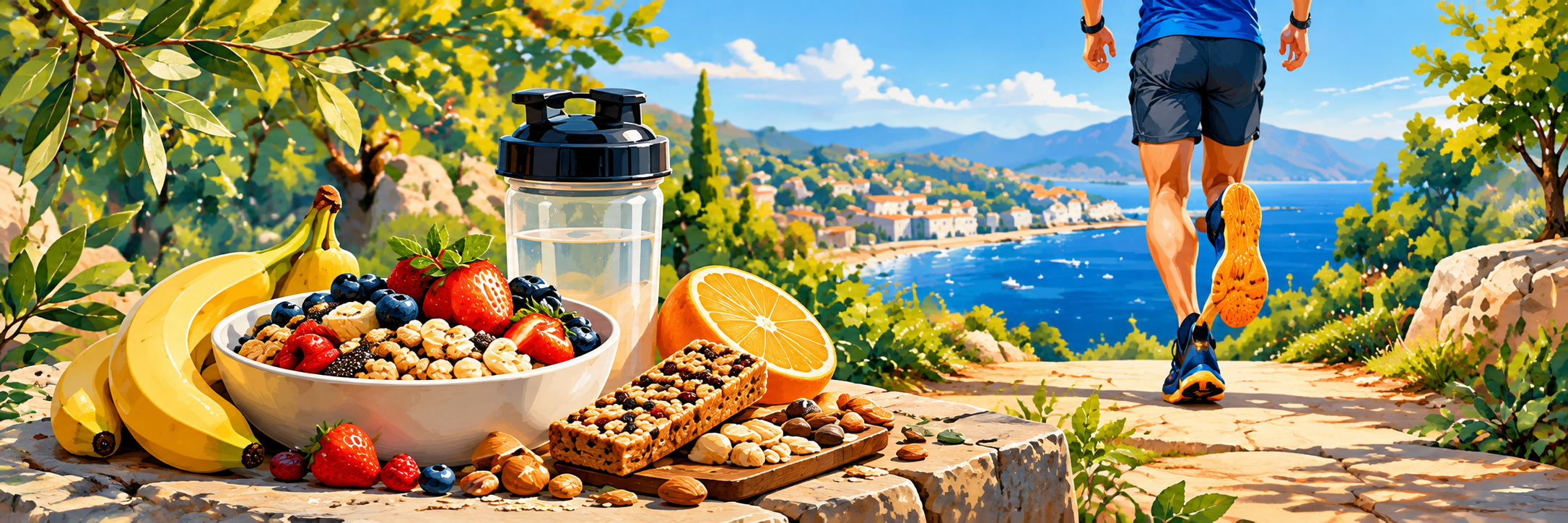 Fruta, avena y un batido junto a un camino con una persona corriendo.