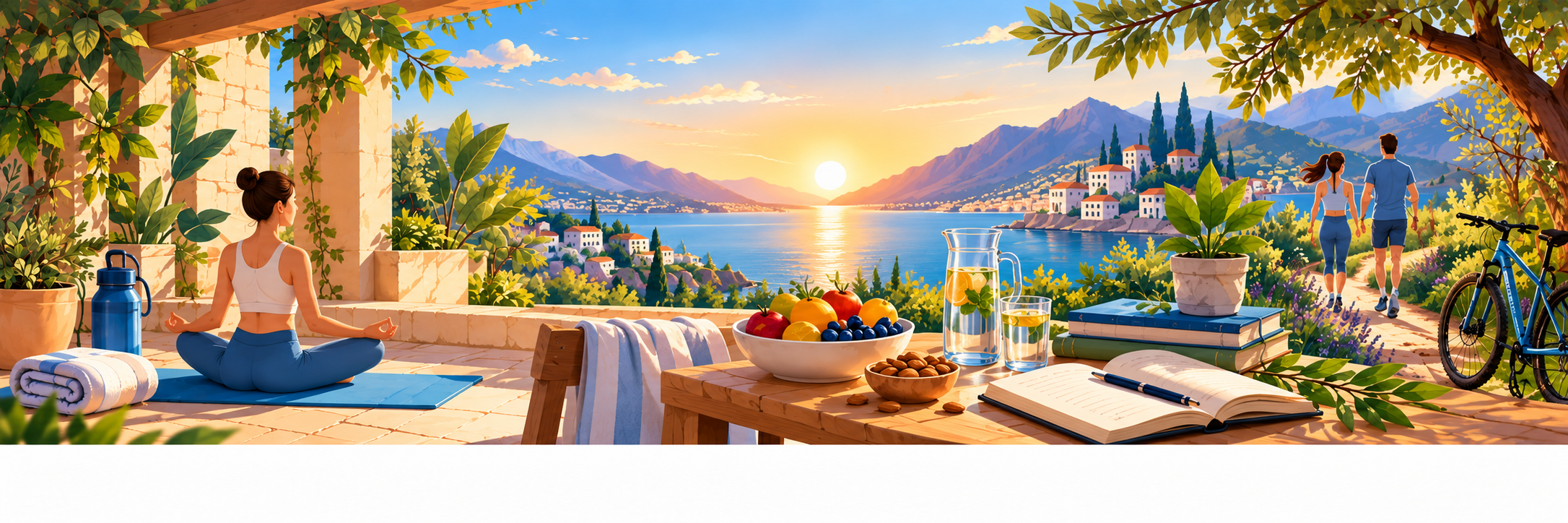 Terraza mediterránea con fruta, un libro y espacios para el descanso y el movimiento.
