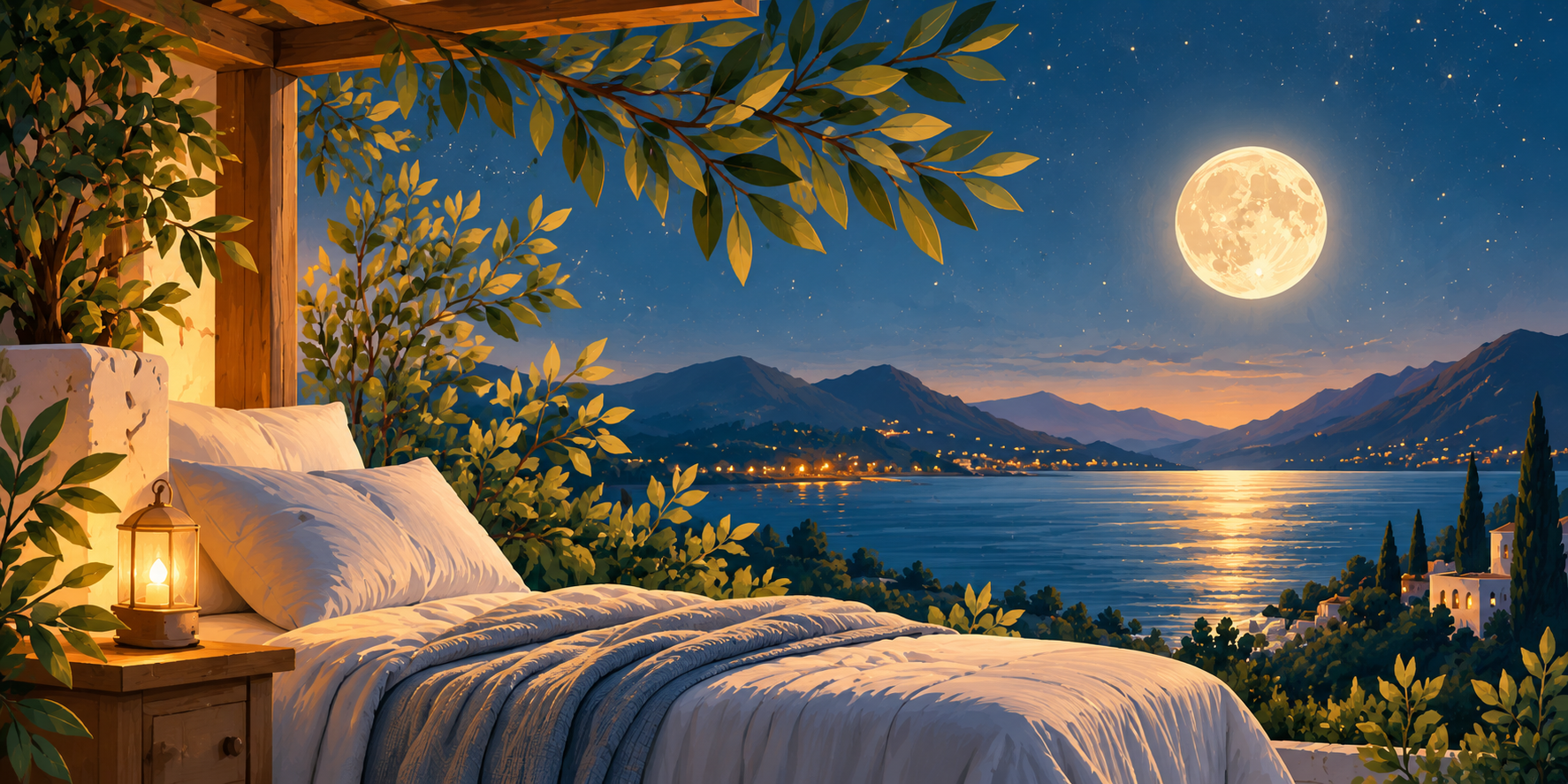 Dormitorio abierto a un paisaje tranquilo junto al mar bajo la luna.