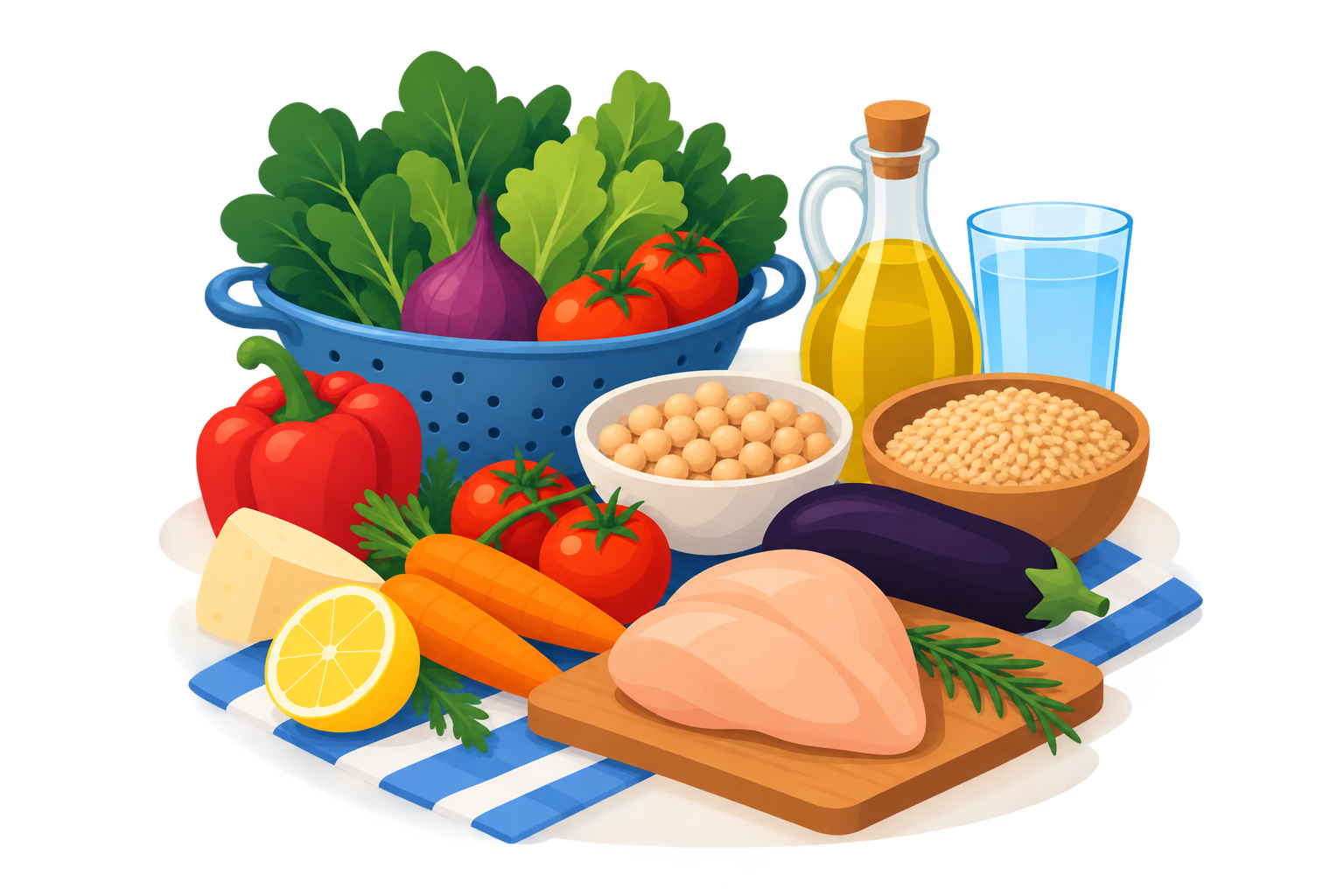 Selección de verduras, fruta, legumbres, cereales y pescado.
