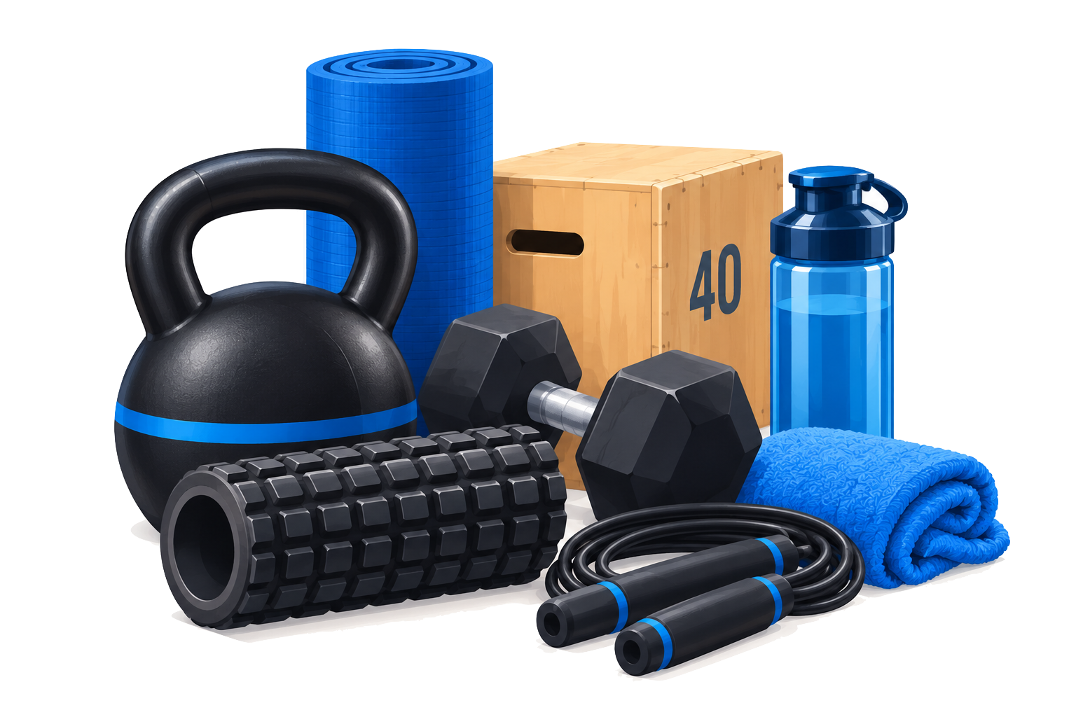 Pesas, esterilla, bandas y otros materiales de entrenamiento.