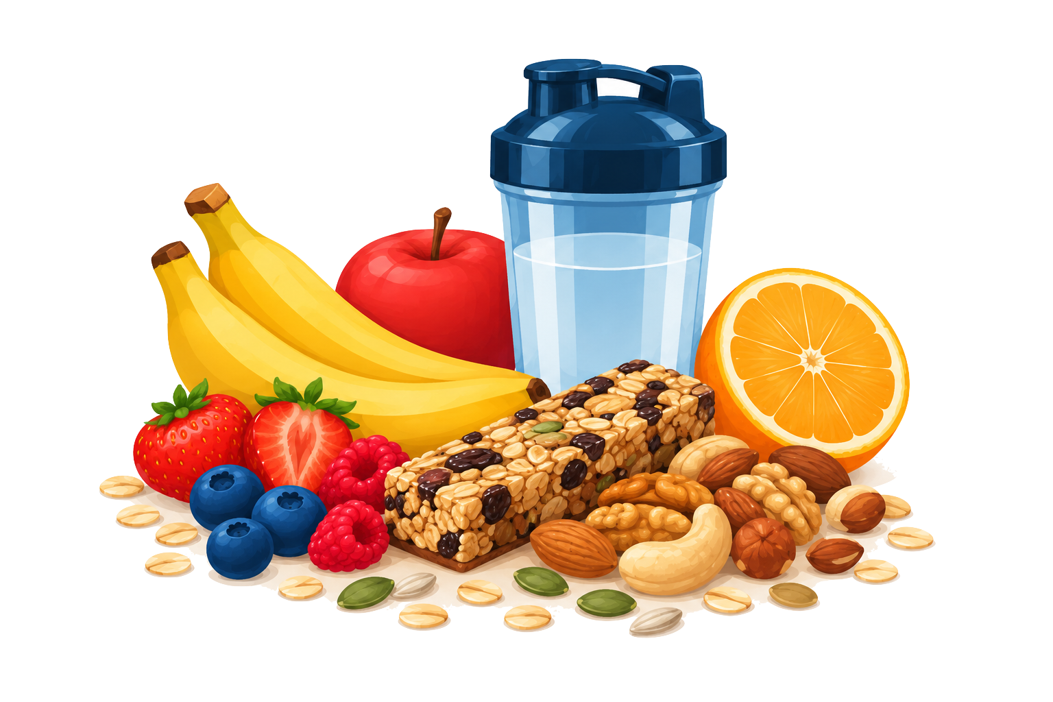 Batido, fruta, avena y frutos secos para acompañar la práctica deportiva.