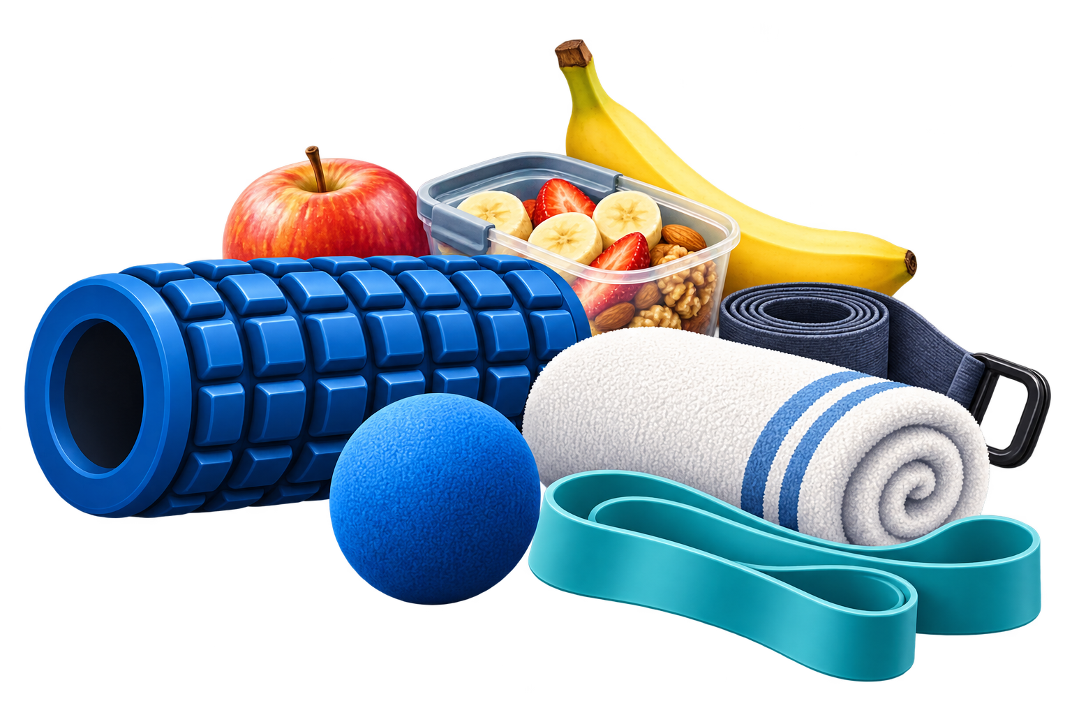 Rodillo y bola de masaje, toalla, bandas y fruta para acompañar la recuperación tras el ejercicio.