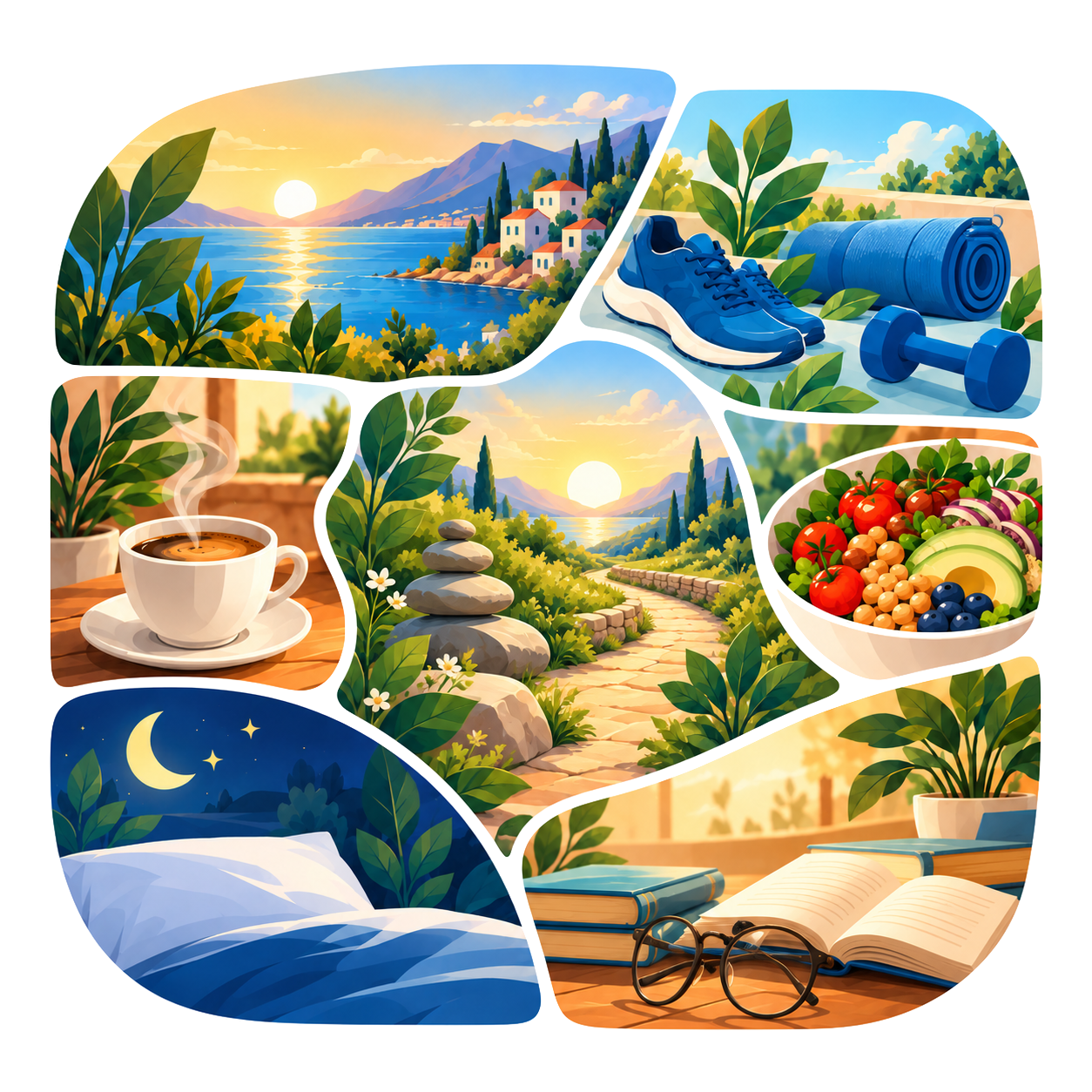 Escenas de alimentación, movimiento y descanso en un paisaje mediterráneo.