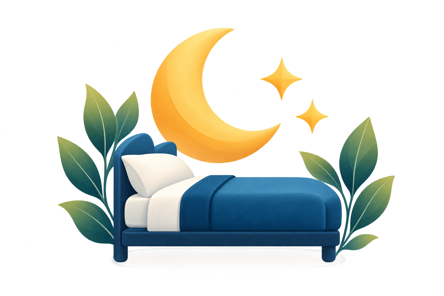 Cama azul bajo una luna creciente y estrellas.